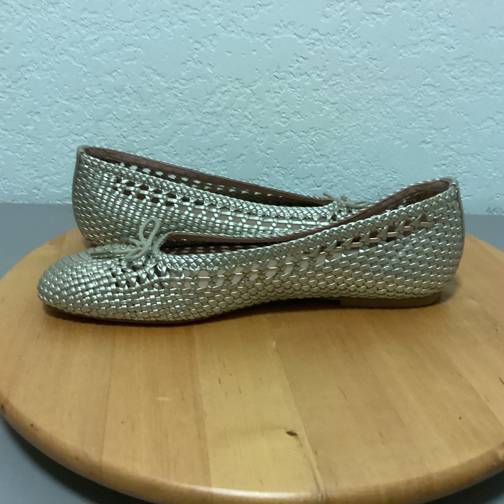 Nordstrom Noelsie2-PU Women 9M Champagne Gold Woven Ballet Flats Bow Round Toe